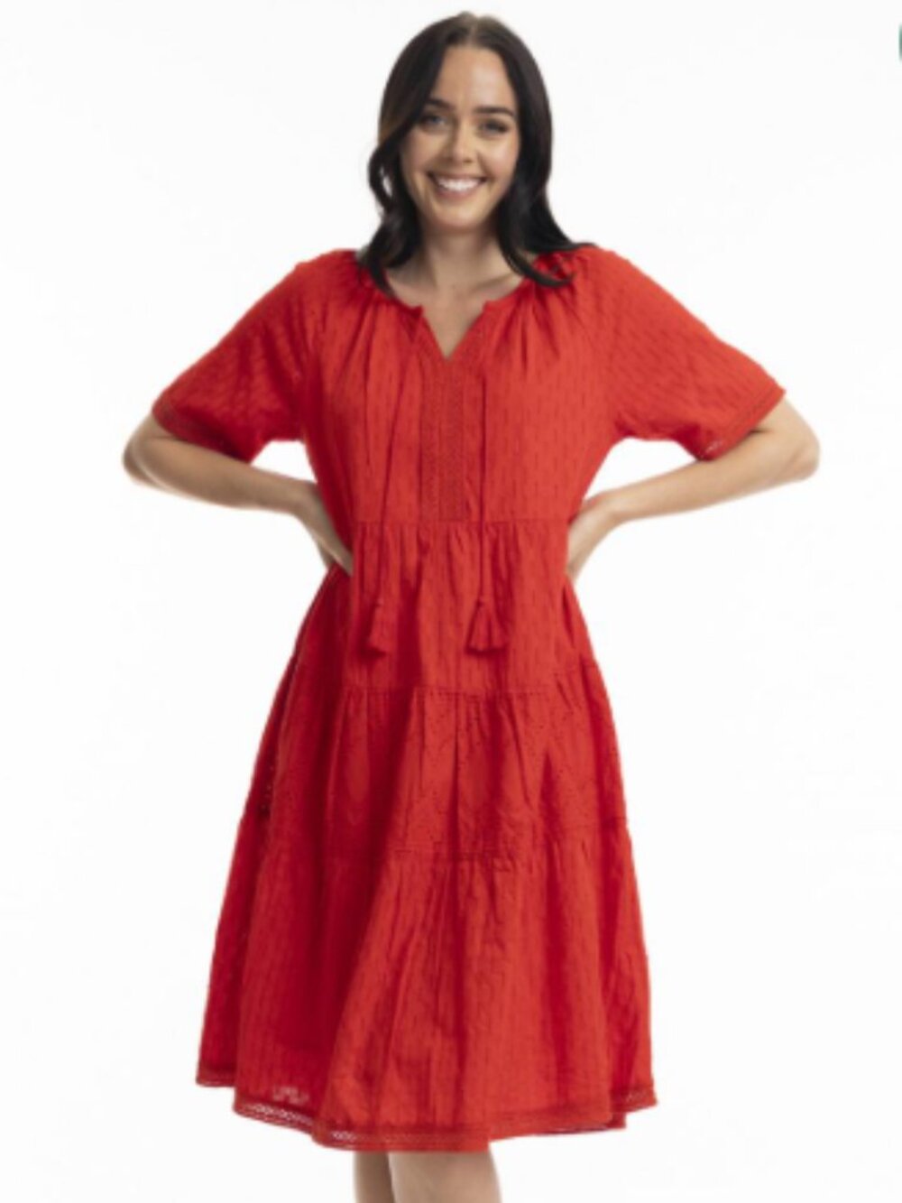 Orientique Naturally Au Red Cotton Broderie Tiered Smock Midi Dress Size S/M